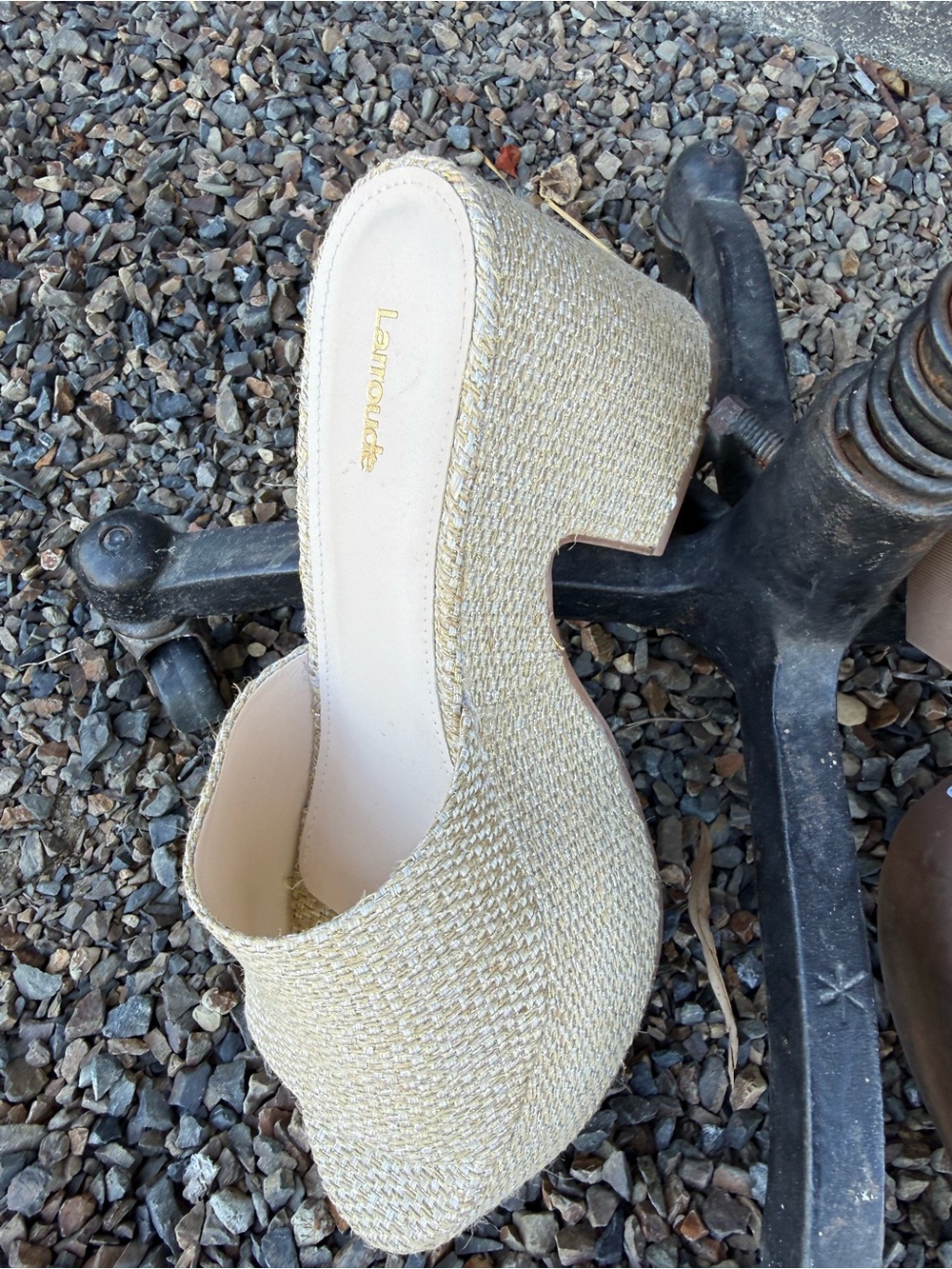 Larroude Beige Woven Platform Metallic Mules